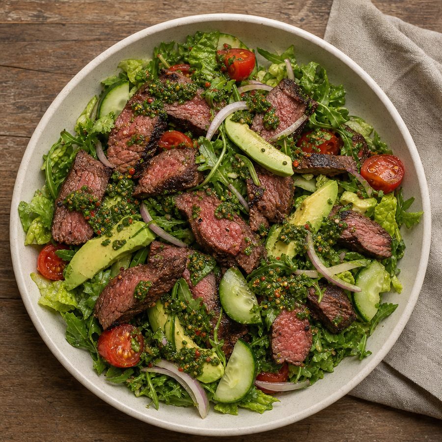Sliced grilled steak salad with avocado and chimichurri
