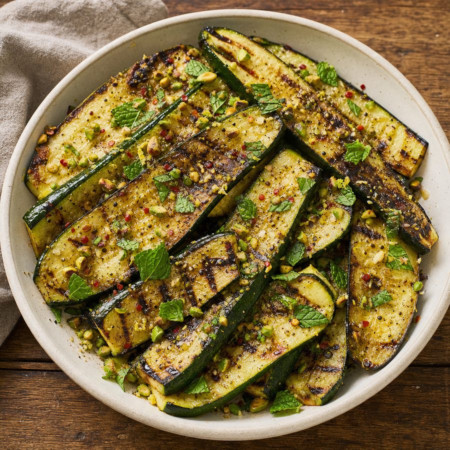 Grilled zucchini planks with mint, pistachios and lemon