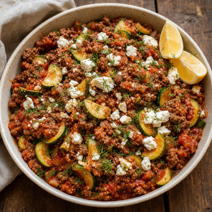 Ground beef and zucchini skillet topped with feta and dill