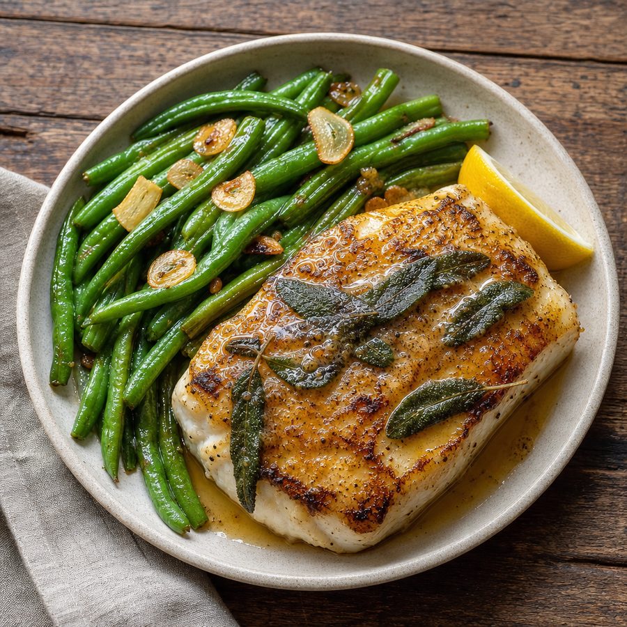 Seared halibut with browned butter, crisp sage and green beans
