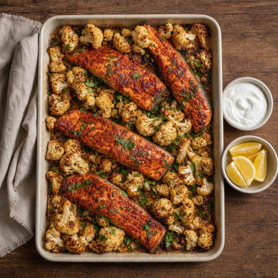 Harissa salmon with roasted cauliflower on a sheet pan