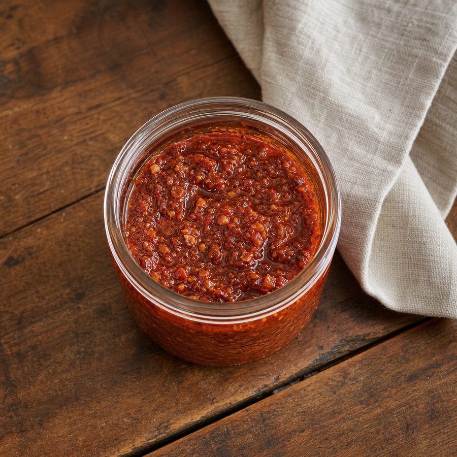 Small jar of bright red harissa chili paste