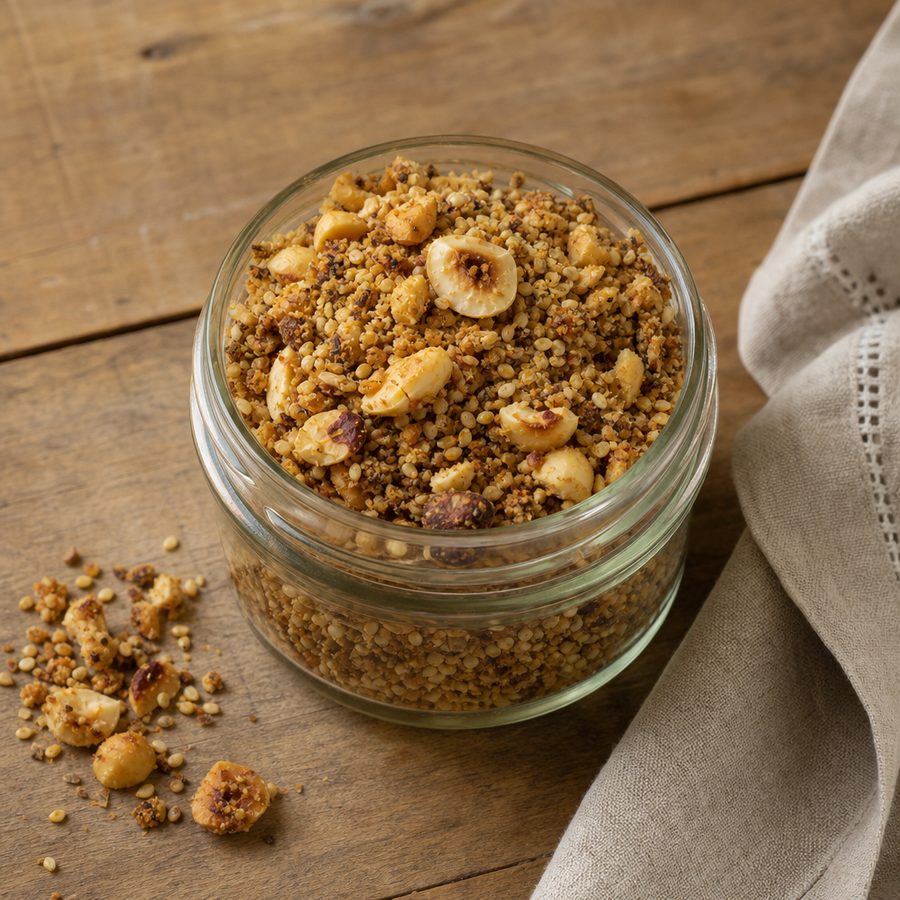 Hazelnut dukkah spice blend in a small glass jar
