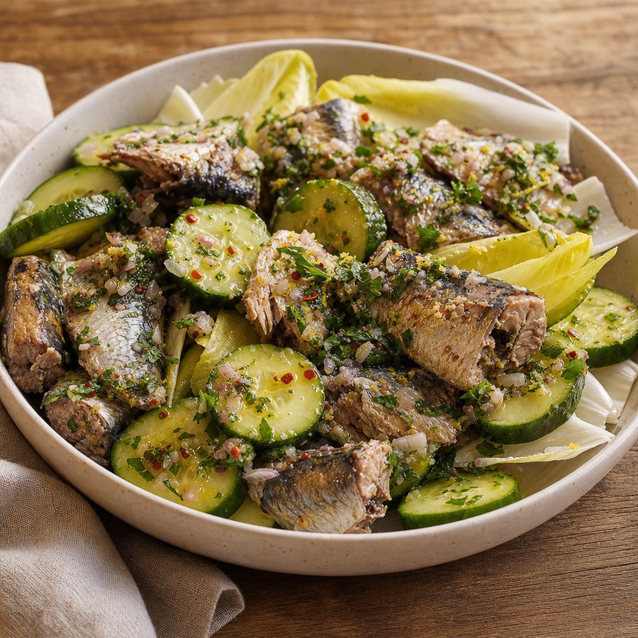 Herb-dressed sardines with cucumber rounds and endive leaves