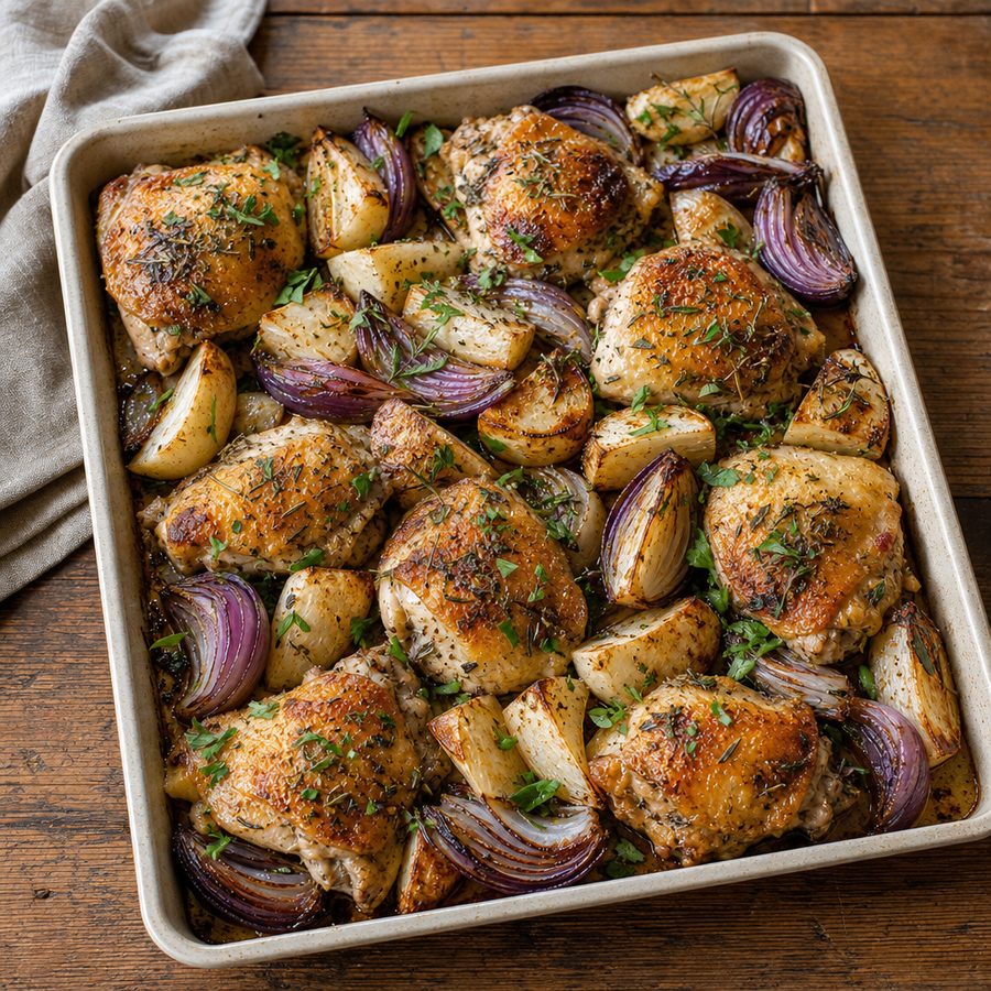 Herb-roasted chicken thighs with turnips and red onion on a sheet pan