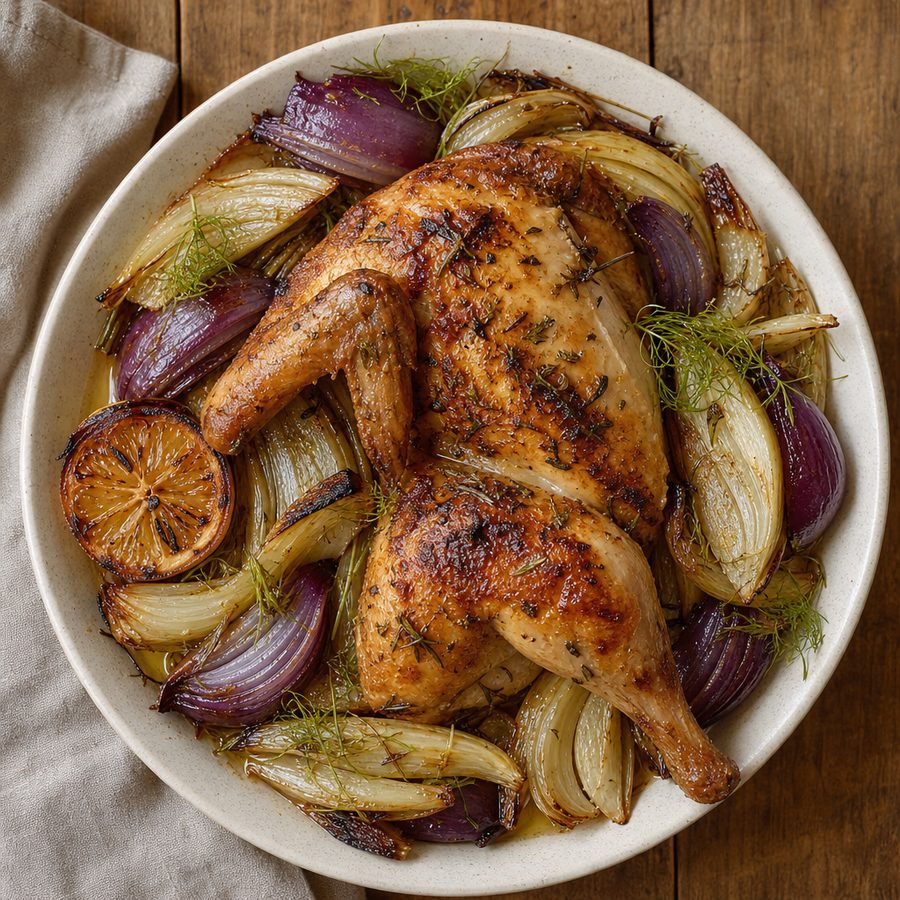 Roasted Cornish hen half over fennel and red onion with lemon