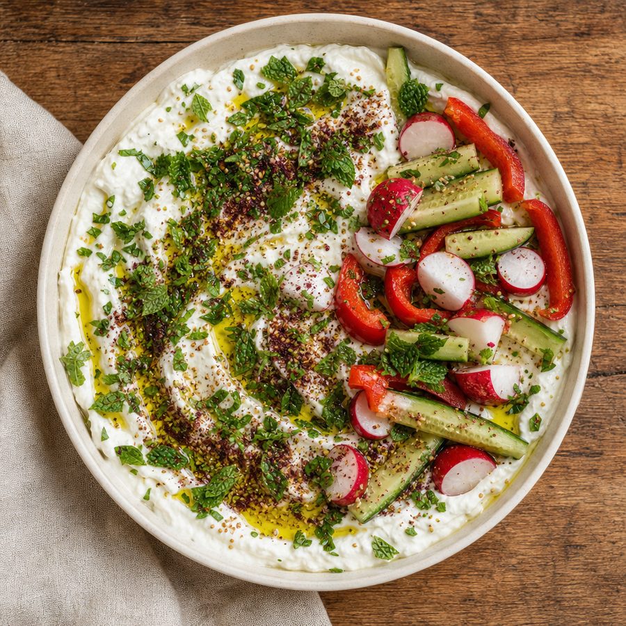 Herbed labneh with olive oil and sumac, with vegetables for dipping