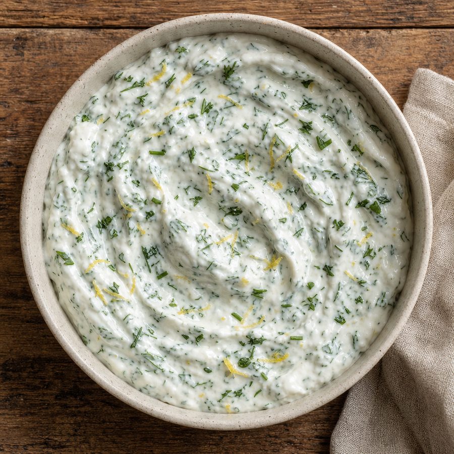 Herbed Greek yogurt sauce flecked with dill and mint