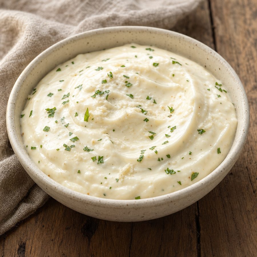 Creamy horseradish aioli in a small bowl
