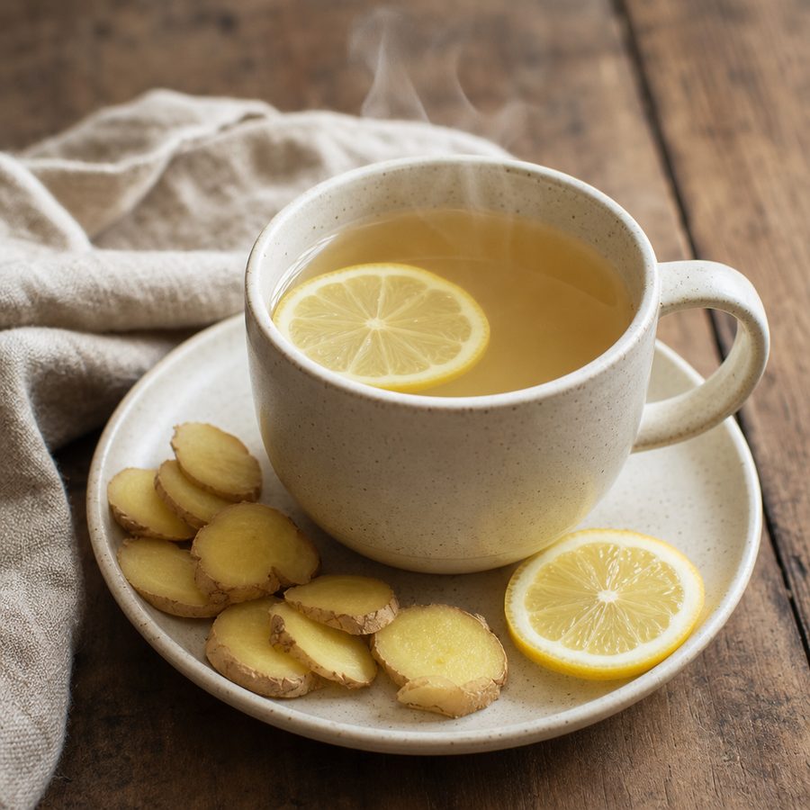 Mug of hot lemon-ginger tea with fresh ginger and lemon