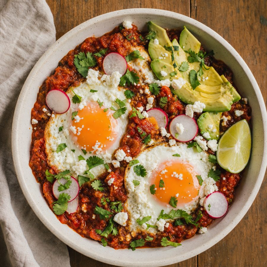 Fried eggs on red salsa ranchera with avocado and queso fresco