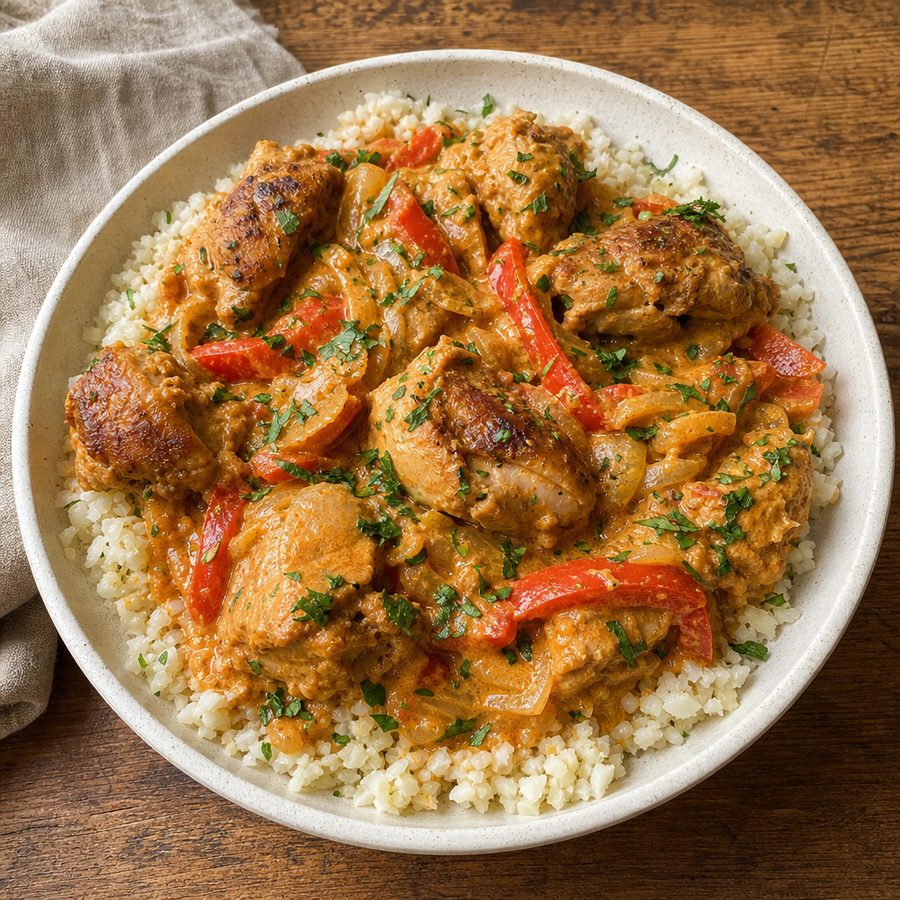 Chicken paprikash over cauliflower rice with parsley