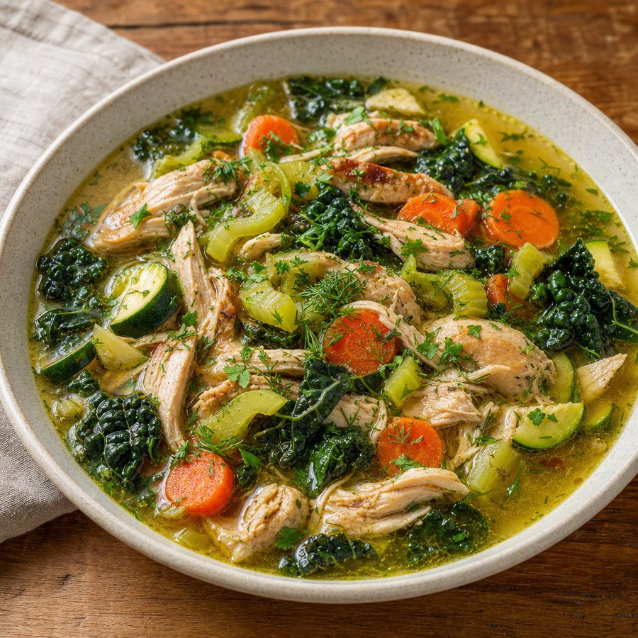 Chicken vegetable soup with carrots, zucchini, kale and dill