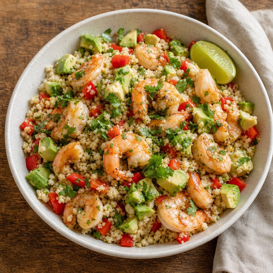 Cilantro lime shrimp over cauliflower rice with avocado