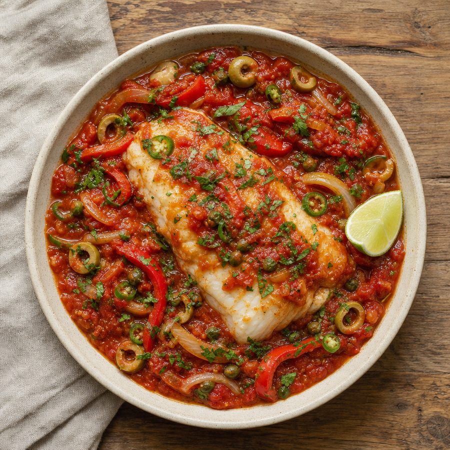 Cod fillet in Veracruz tomato sauce with olives and capers
