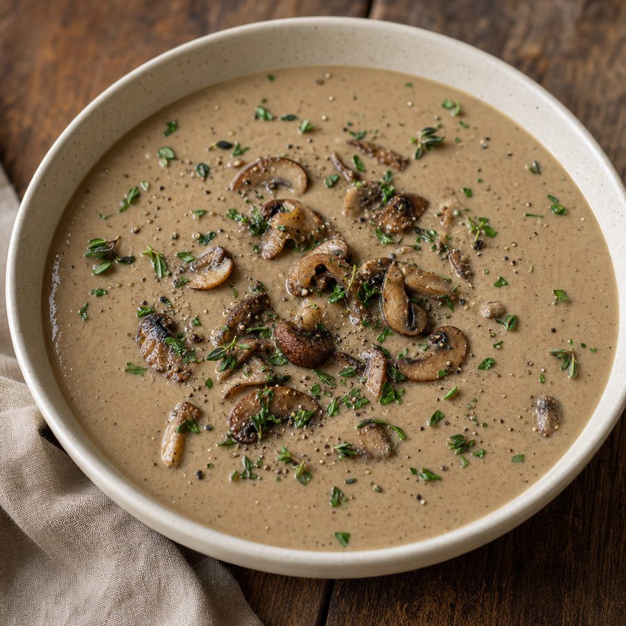 Creamy mushroom soup topped with sliced mushrooms and thyme