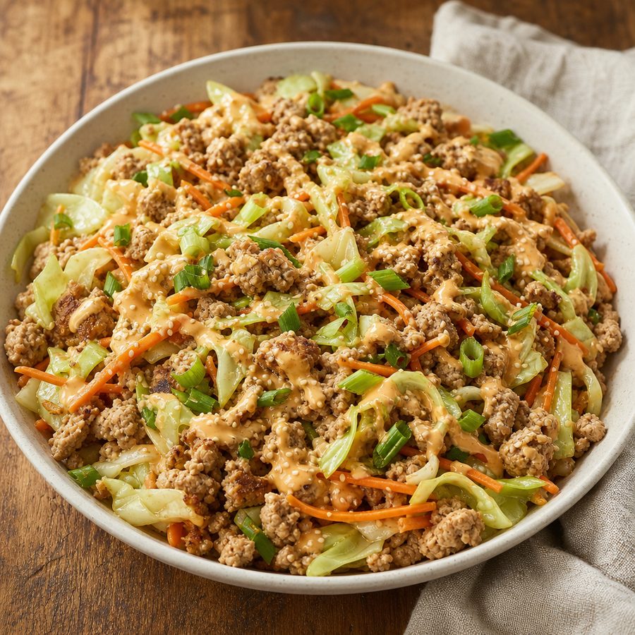 Egg roll in a bowl with turkey, cabbage, carrots and chili mayo