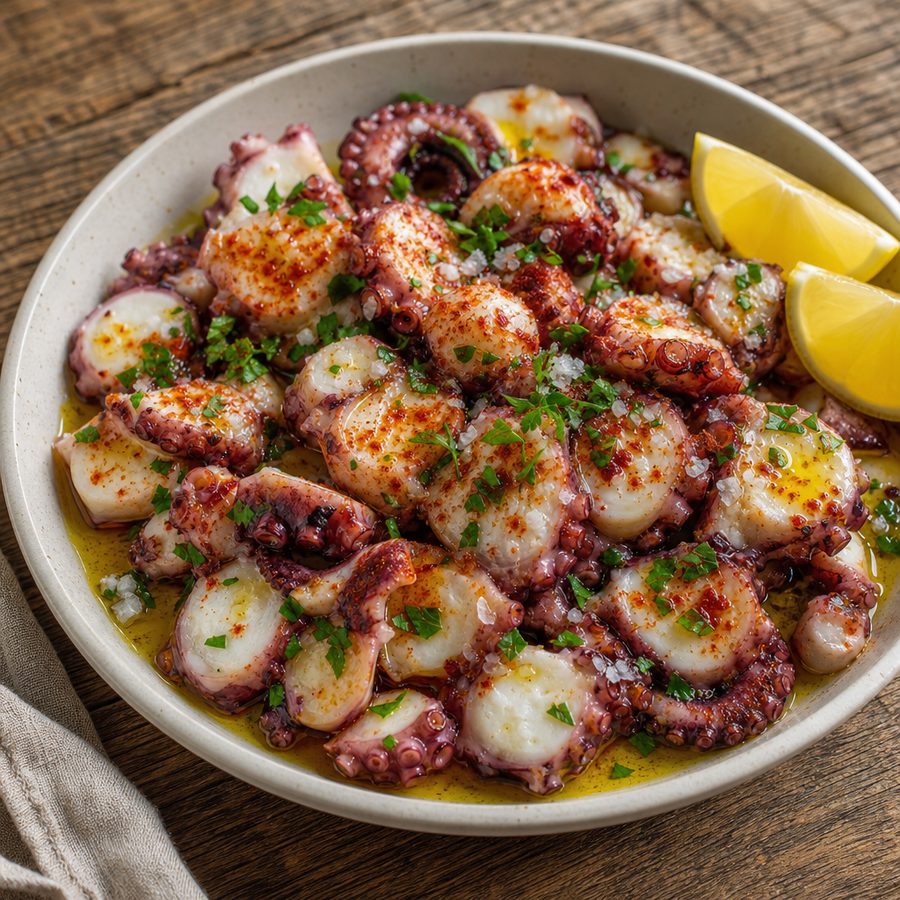 Sliced Galician-style octopus with olive oil, paprika and parsley
