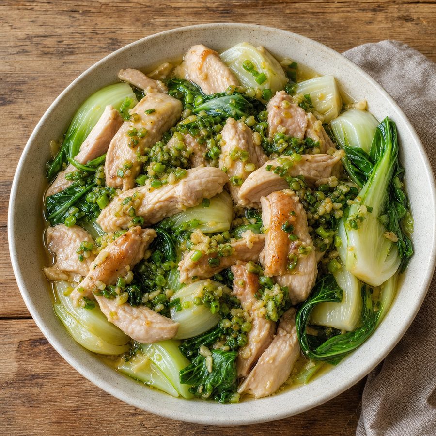Ginger-scallion chicken with baby bok choy in broth