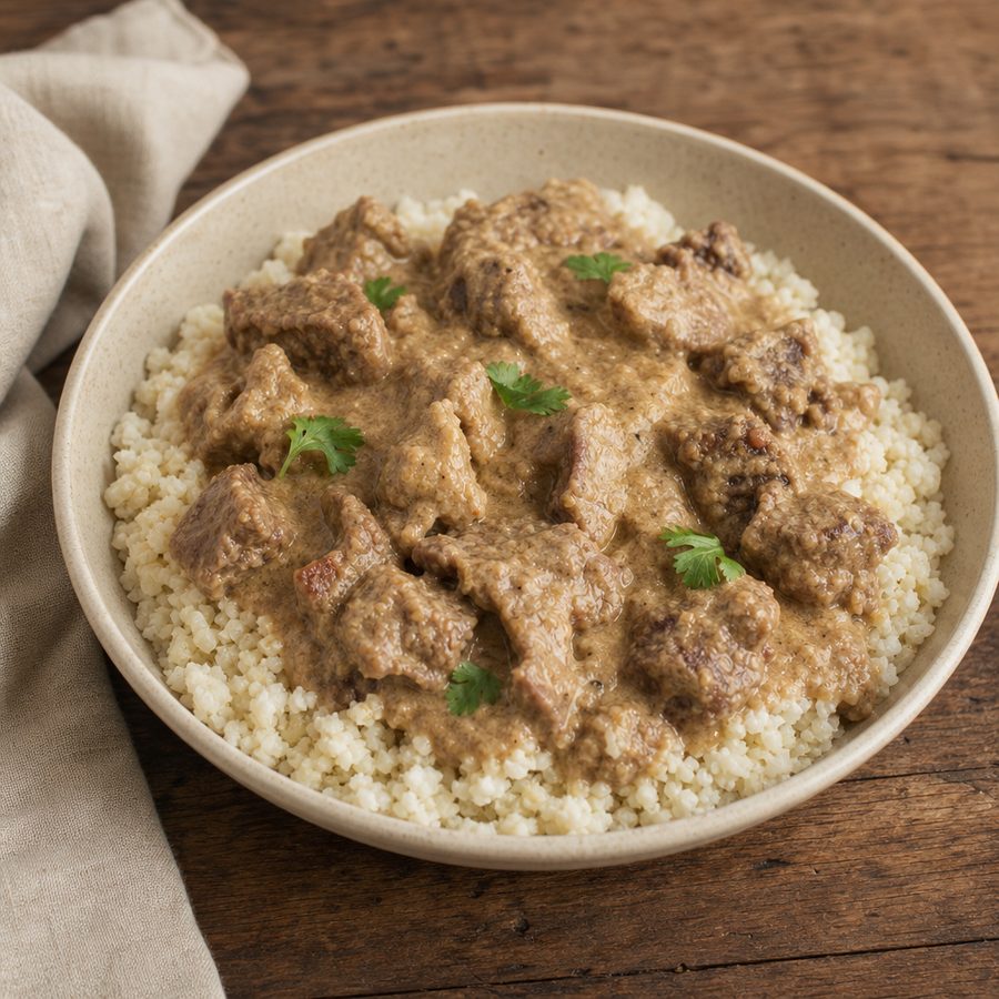 Lamb korma over cauliflower rice with cilantro