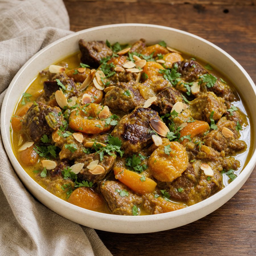 Lamb tagine with apricots, toasted almonds and cilantro