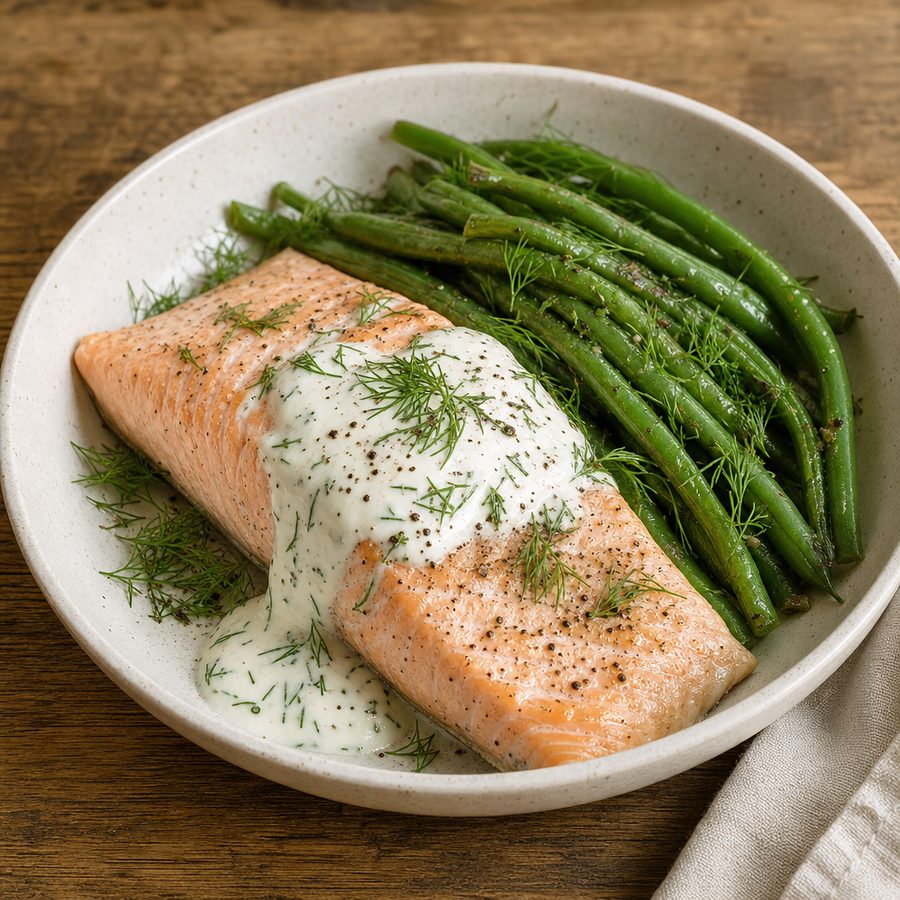 Poached salmon with lemon-dill yogurt sauce and green beans