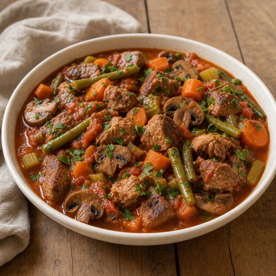 Pork and vegetable stew with carrots, mushrooms and green beans