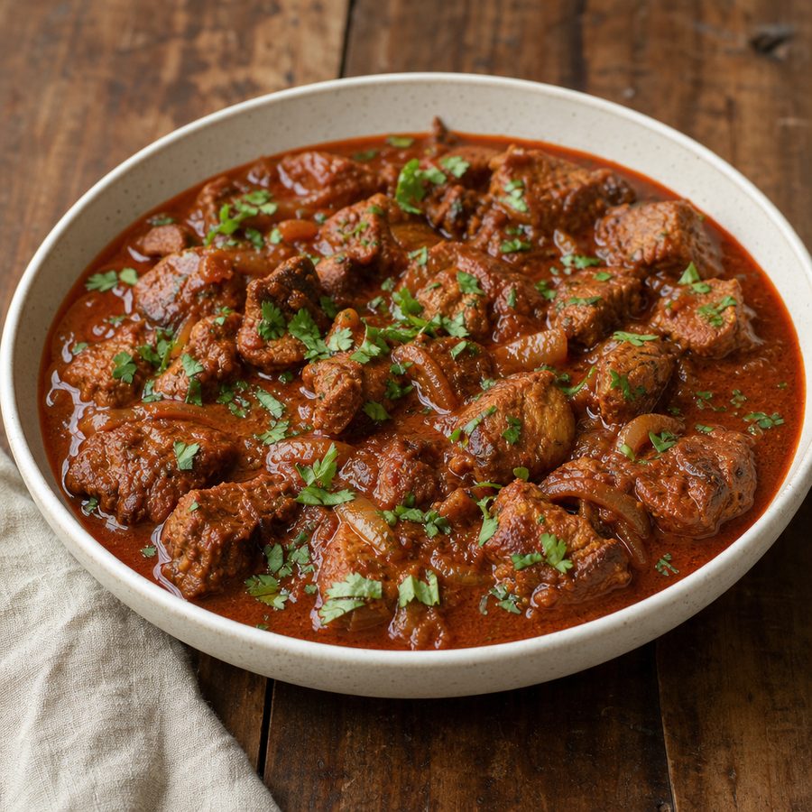 Deep red pork vindaloo with cilantro