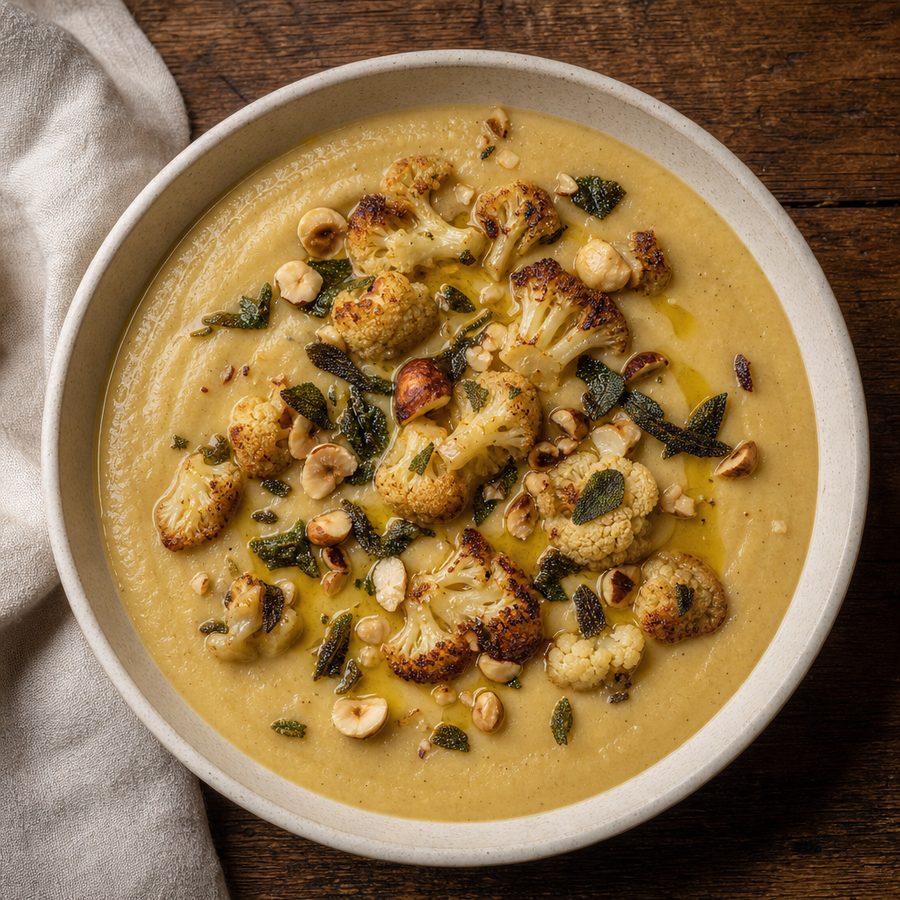 Roasted cauliflower soup with crispy sage and hazelnuts