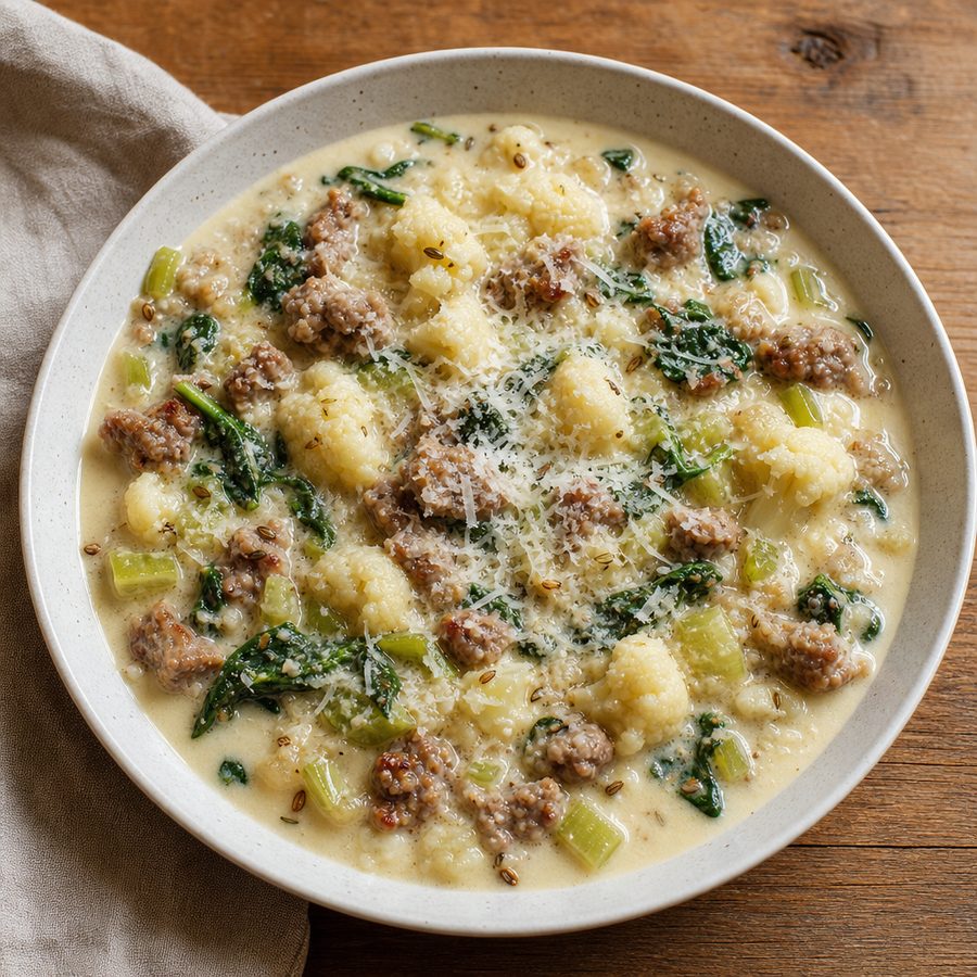 Sausage, cauliflower and spinach soup with parmesan