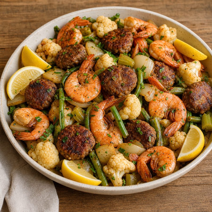 Shrimp boil with sausage, cauliflower and green beans in Old Bay butter