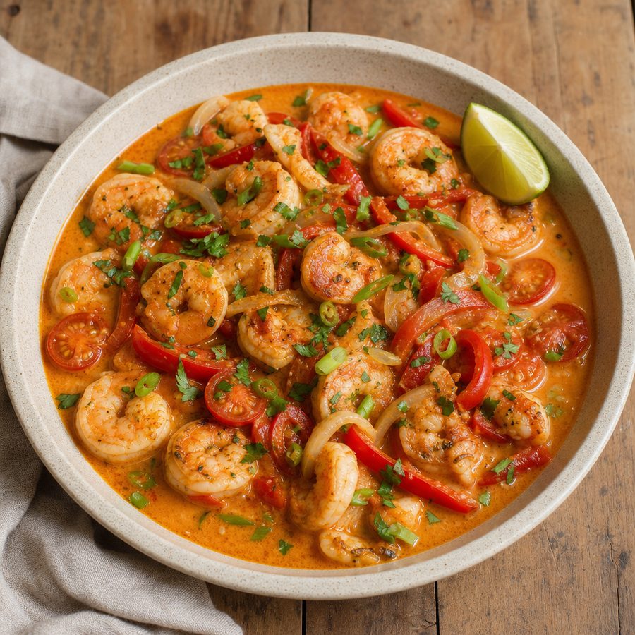 Shrimp moqueca in coconut broth with peppers and cilantro