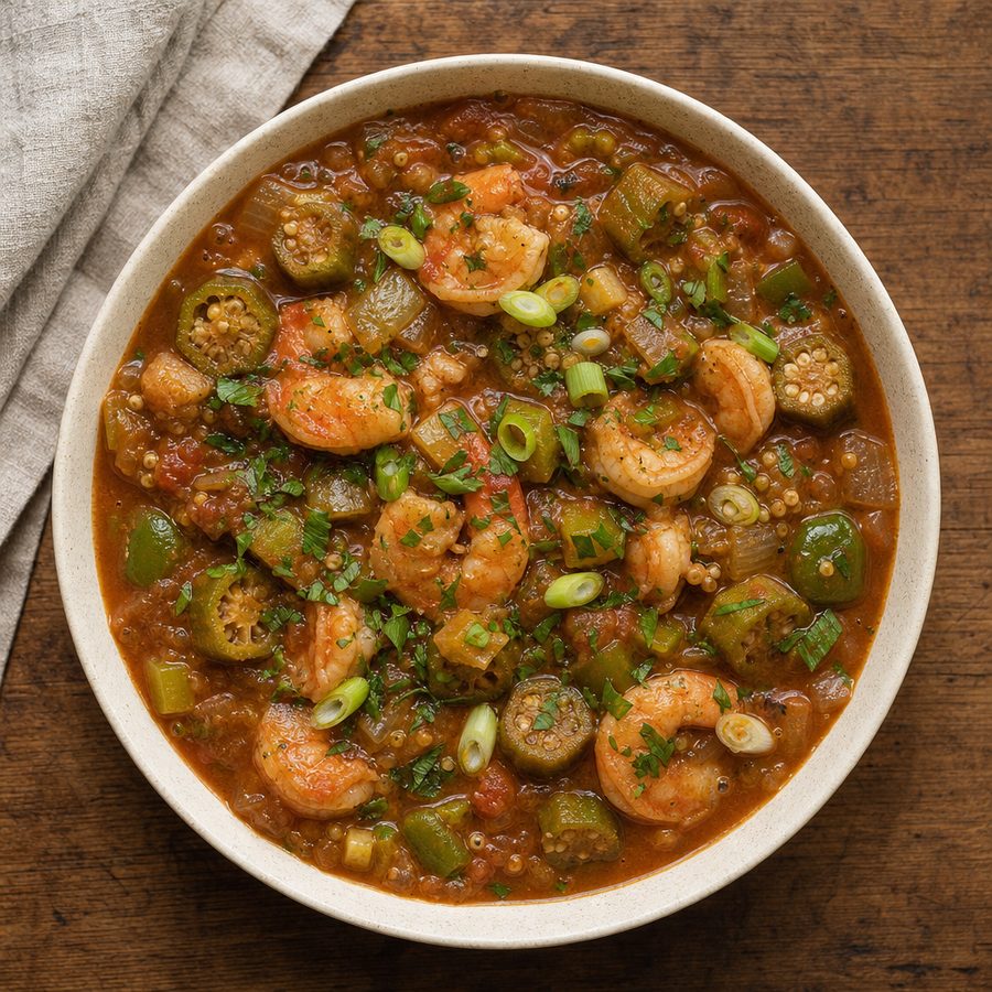 Shrimp and okra gumbo with scallions and parsley