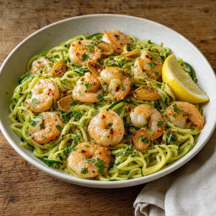 Shrimp scampi over zucchini noodles with parsley and lemon