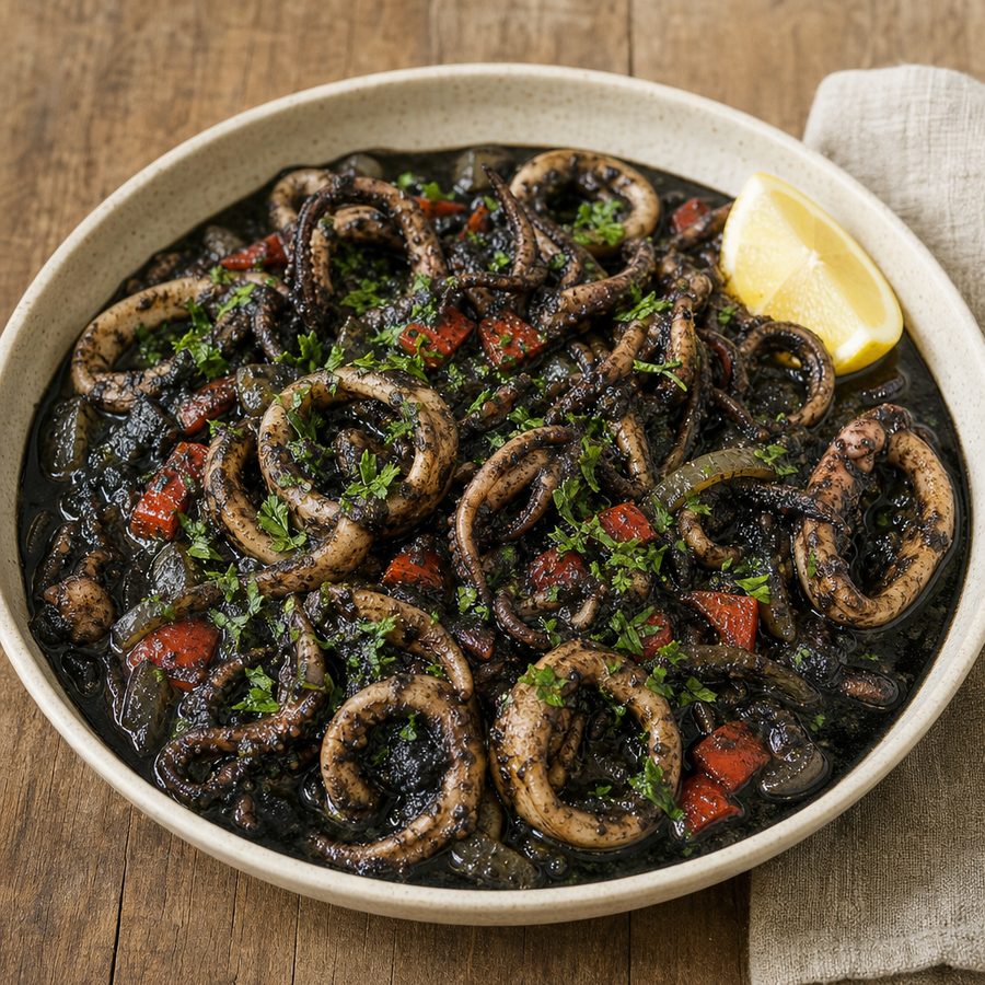 Squid in black ink sauce with parsley and lemon