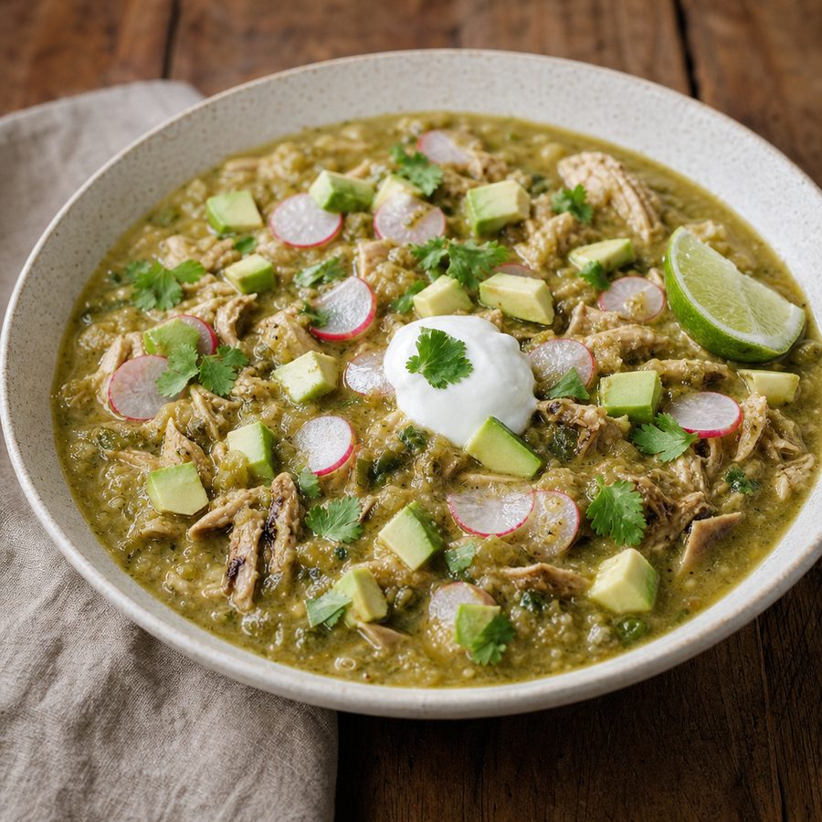 Turkey chile verde topped with avocado, radishes and sour cream