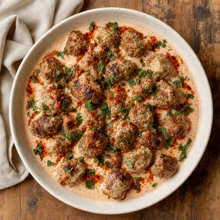 Turkey kofta in yogurt sauce with paprika butter and mint