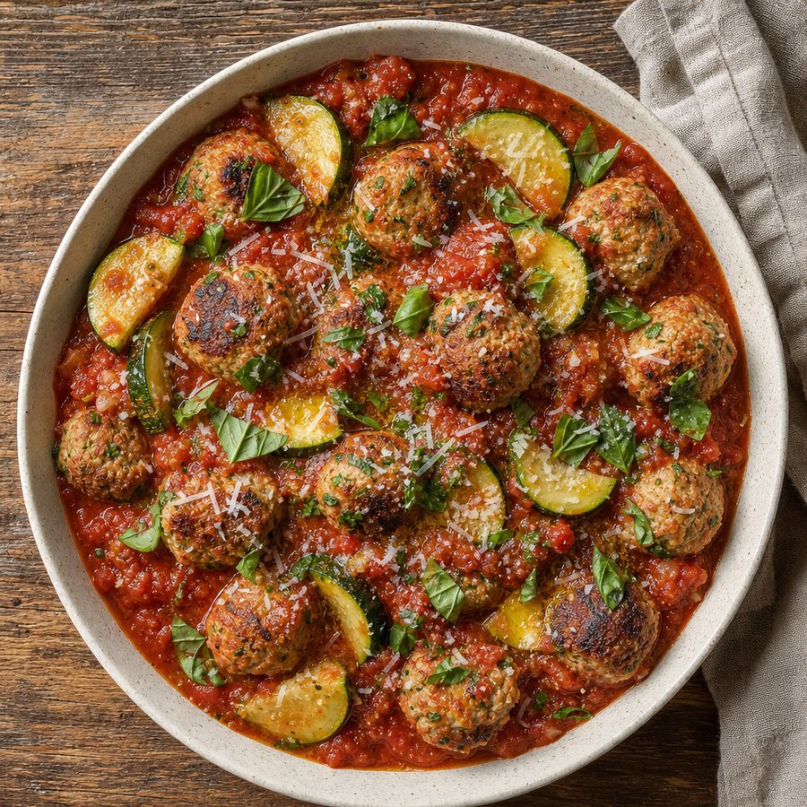 Turkey meatballs in marinara with zucchini, basil and parmesan
