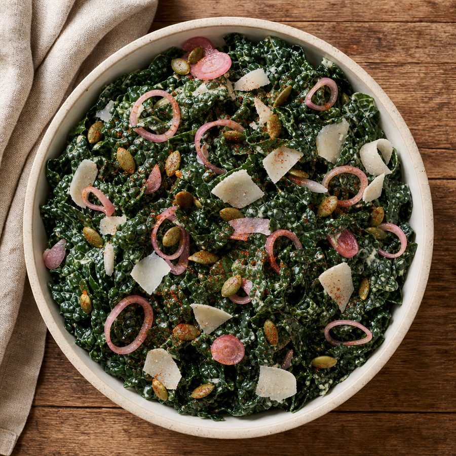 Lacinato kale salad with shaved pecorino and toasted pumpkin seeds