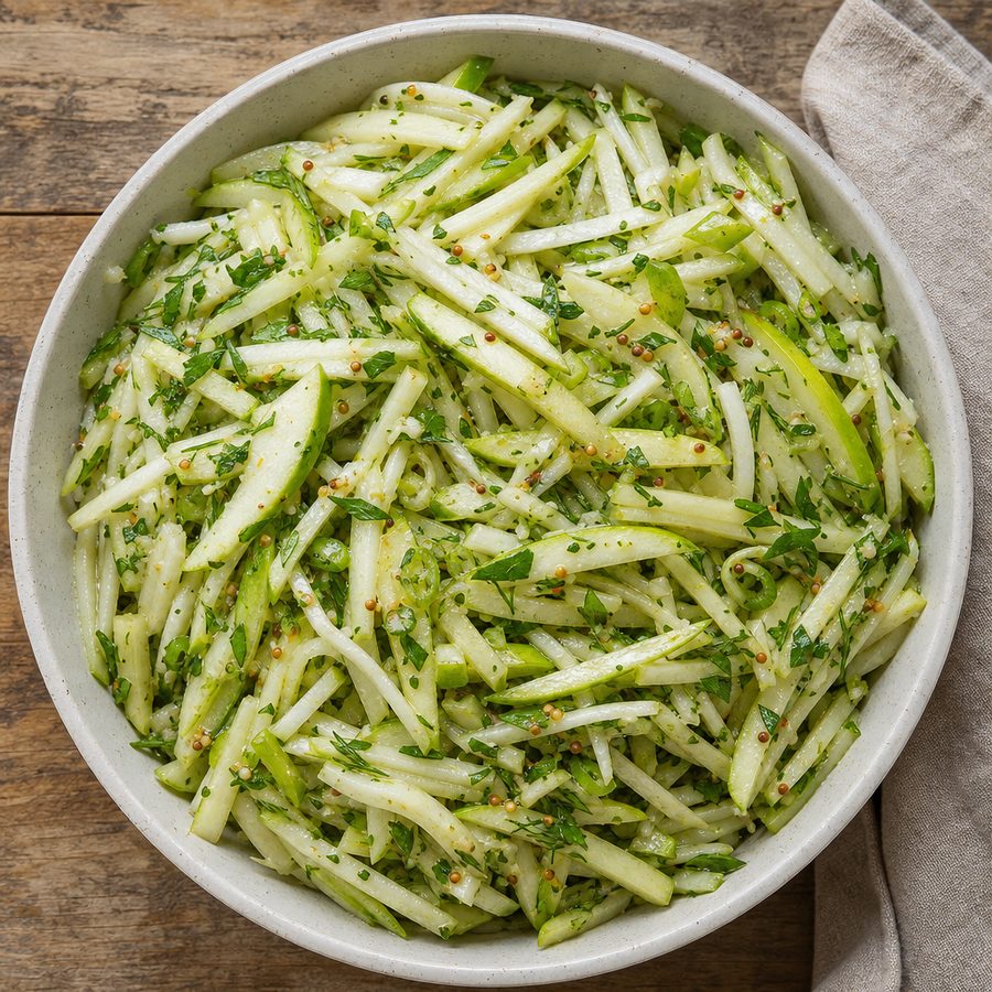 Kohlrabi and apple slaw with dill and scallions