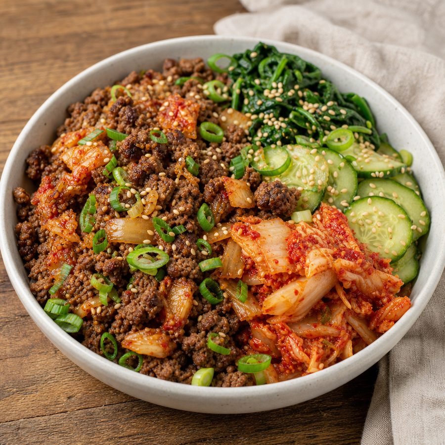 Korean beef and kimchi bowl with sesame spinach and cucumber