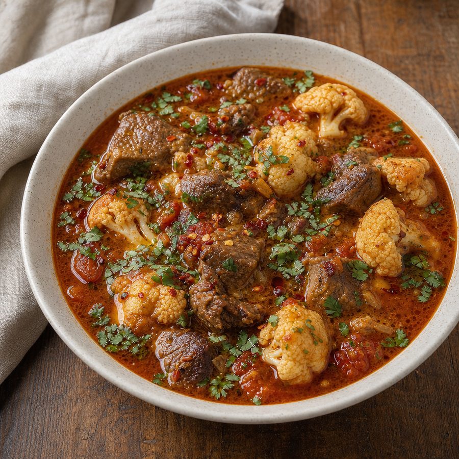 Lamb and harissa soup with cauliflower and cilantro