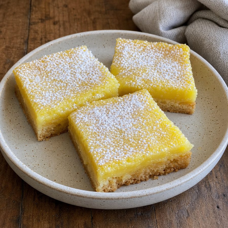 Lemon bars with an almond crust dusted with powdered sweetener