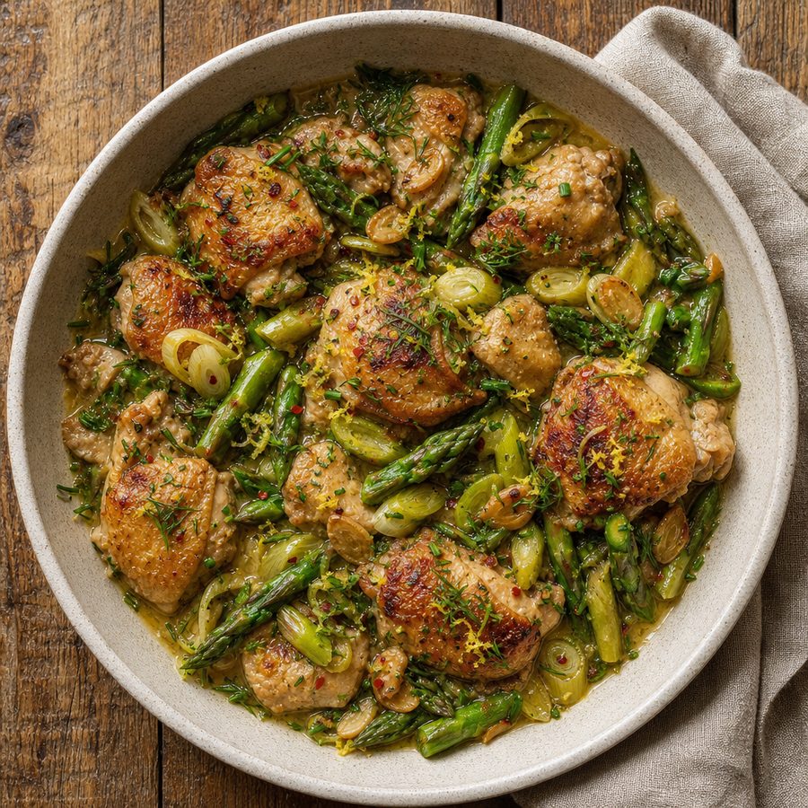 Lemon chicken and asparagus with leeks and dill in a skillet