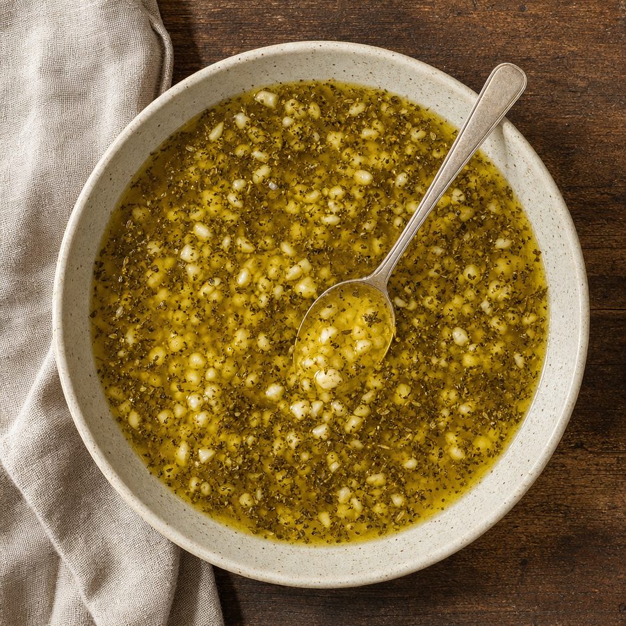 Small bowl of lemon, garlic and oregano marinade