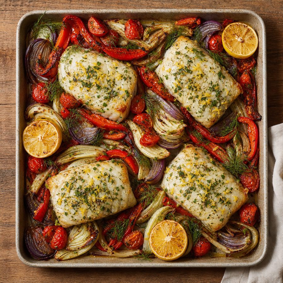 Lemon herb baked cod with roasted fennel, peppers and tomatoes