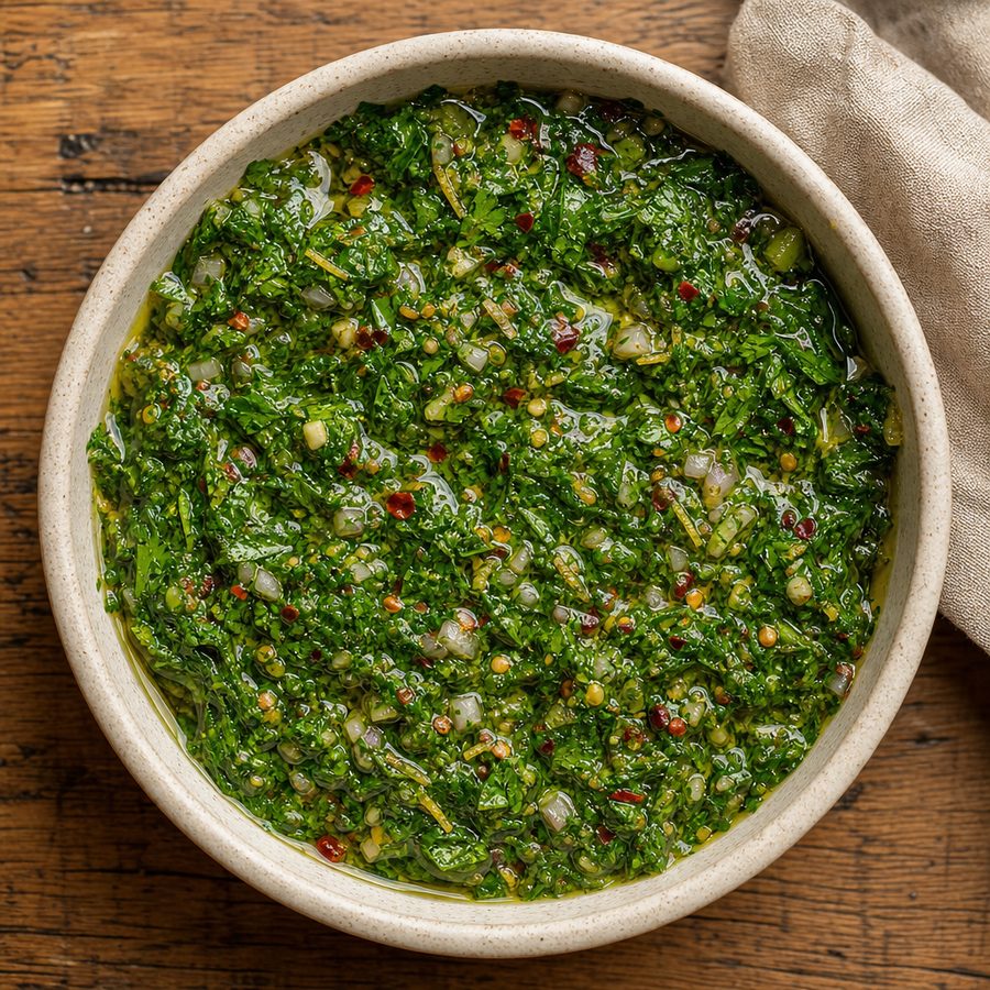 Lemon-herb parsley dressing in a small bowl