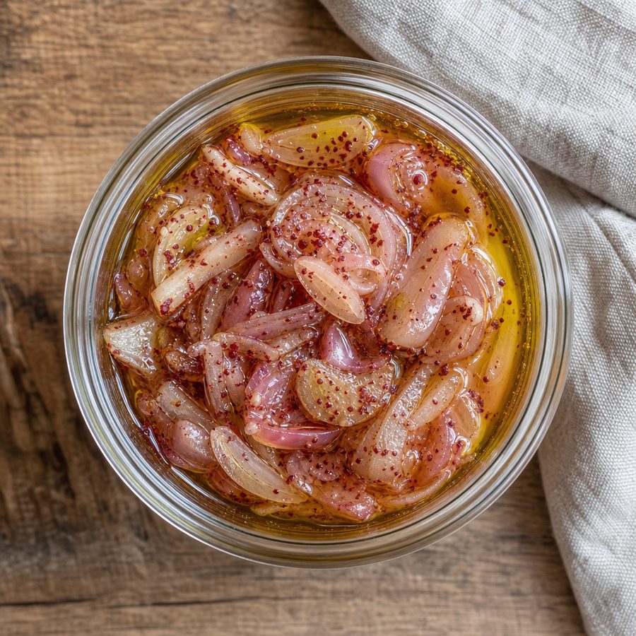 Lemon-shallot dressing with sumac in a small glass jar