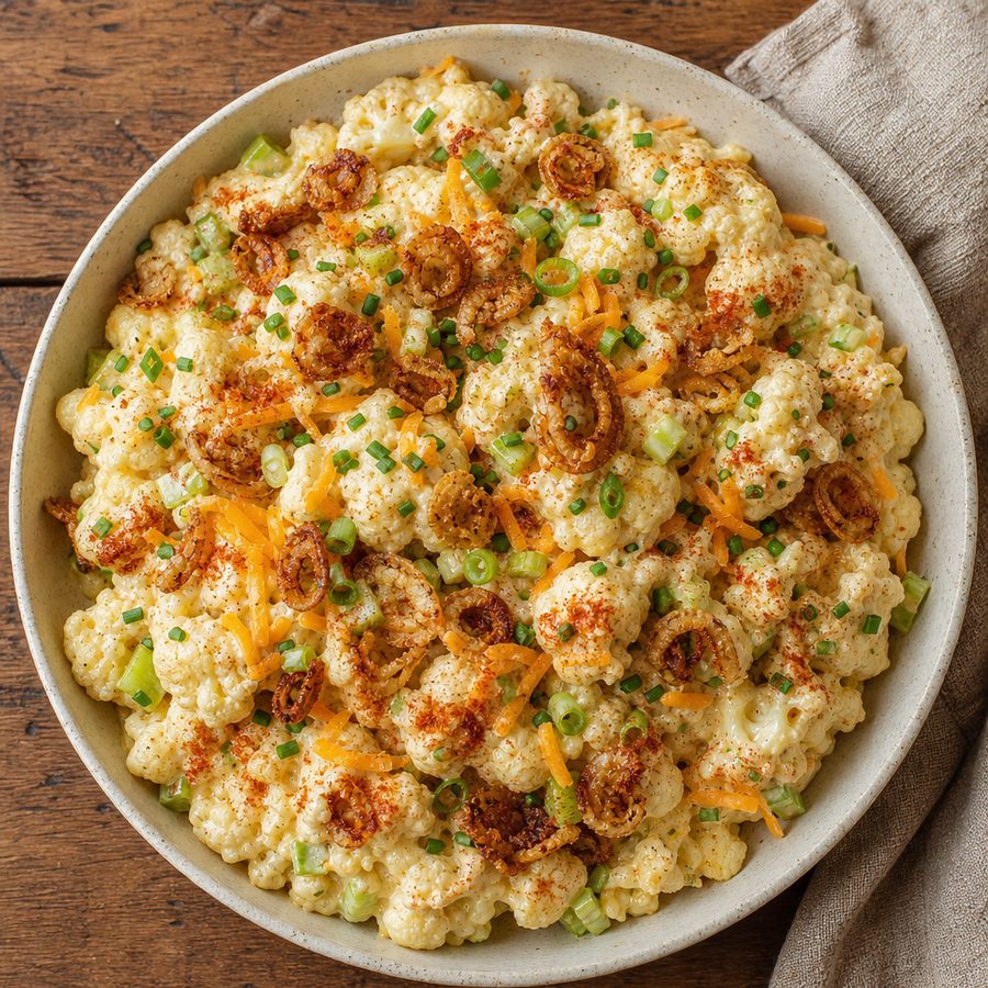 Loaded cauliflower salad with cheddar, chives and fried shallots