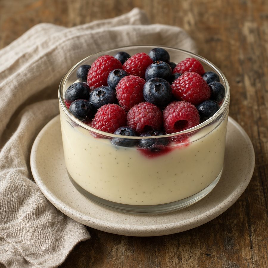 Meyer lemon panna cotta in a glass topped with fresh berries